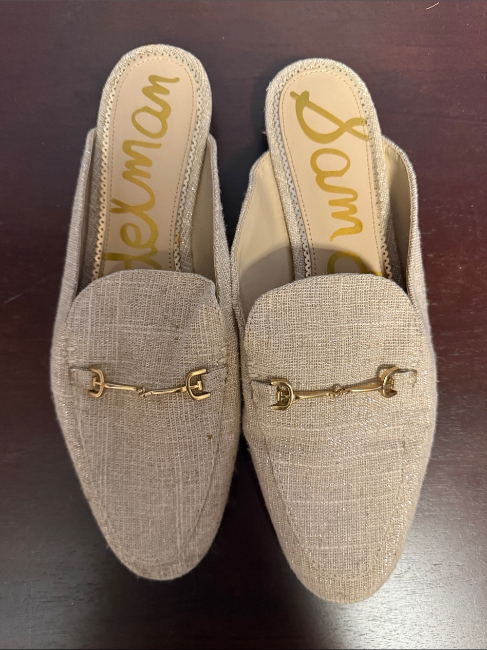 Sam Edelman Tan Beige Mule Loafers with Gold Bit
